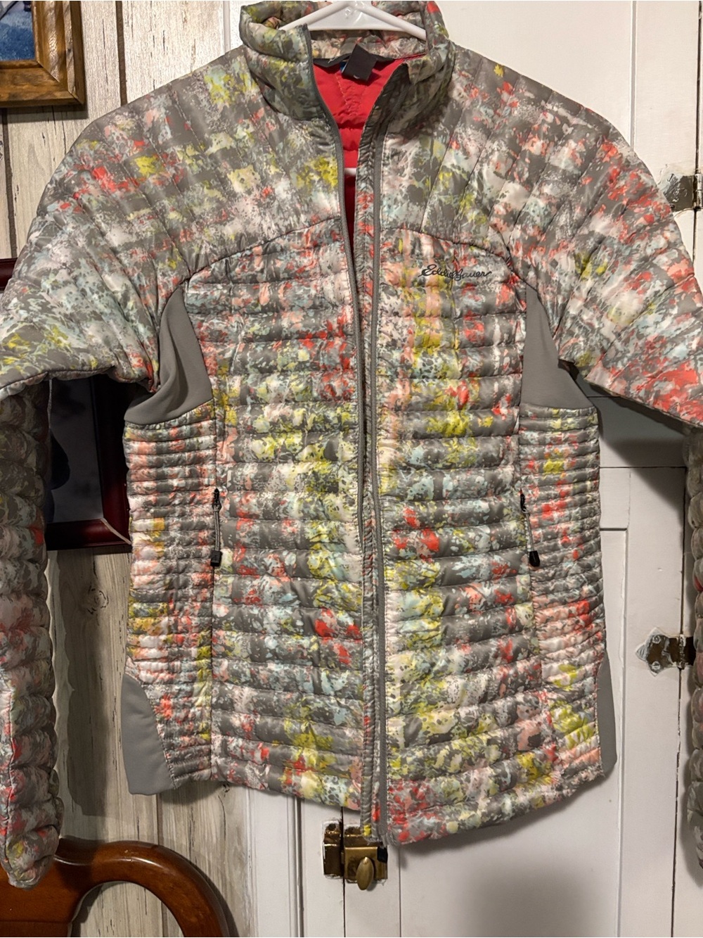 Eddie Bauer Women's Quilted Puffer Jacket in Gray with Coral & Yellow Accents